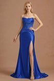 Royal Blue Mermaid Strapless Corset Ruched Maxi Prom Dress with Slit