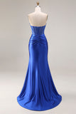 Royal Blue Mermaid Strapless Corset Ruched Maxi Prom Dress with Slit