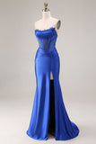Royal Blue Mermaid Strapless Corset Ruched Maxi Prom Dress with Slit