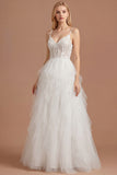 White Corset Spaghetti Straps Appliqued Ball Gown Long Wedding Reception Dress