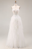 White Corset Spaghetti Straps Appliqued Ball Gown Long Wedding Reception Dress