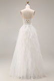White Corset Spaghetti Straps Appliqued Ball Gown Long Wedding Reception Dress
