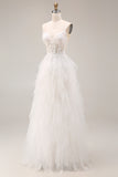 White Corset Spaghetti Straps Appliqued Ball Gown Long Wedding Reception Dress
