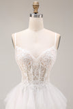 White Corset Spaghetti Straps Appliqued Ball Gown Long Wedding Reception Dress