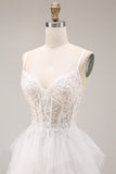 White Corset Spaghetti Straps Appliqued Ball Gown Long Wedding Reception Dress