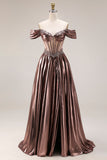 Dark Coffee A Line Corset Appliqued Long Gala Dress