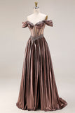 Dark Coffee A Line Corset Appliqued Long Gala Dress