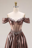 Dark Coffee A Line Corset Appliqued Long Gala Dress