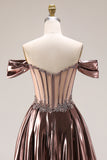 Dark Coffee A Line Corset Appliqued Long Gala Dress