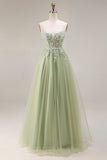 Light Green A Line Corset Appliqued Maxi Prom Dress