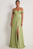 Light Green Corset Off the Shoulder A Line Formal Dress with Slit