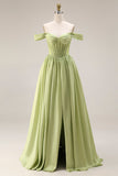 Light Green Corset Off the Shoulder A Line Formal Dress with Slit
