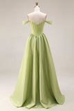 Light Green Corset Off the Shoulder A Line Formal Dress with Slit