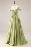 Light Green Corset Off the Shoulder A Line Formal Dress with Slit