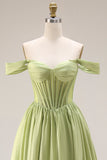 Light Green Corset Off the Shoulder A Line Formal Dress with Slit
