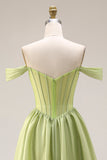 Light Green Corset Off the Shoulder A Line Formal Dress with Slit