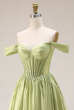 Light Green Corset Off the Shoulder A Line Formal Dress with Slit