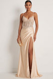 Champagne Floral Appliqued Corset Spaghetti Straps Maxi Formal Dress