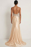 Champagne Floral Appliqued Corset Spaghetti Straps Maxi Formal Dress