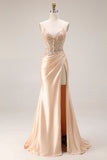 Champagne Floral Appliqued Corset Spaghetti Straps Maxi Formal Dress