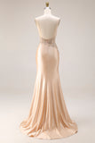 Champagne Floral Appliqued Corset Spaghetti Straps Maxi Formal Dress