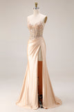 Champagne Floral Appliqued Corset Spaghetti Straps Maxi Formal Dress
