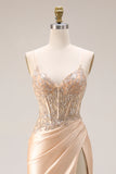 Champagne Floral Appliqued Corset Spaghetti Straps Maxi Formal Dress