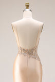 Champagne Floral Appliqued Corset Spaghetti Straps Maxi Formal Dress