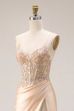 Champagne Floral Appliqued Corset Spaghetti Straps Maxi Formal Dress