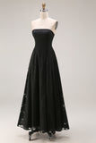Black A Line Strapless Appliqued Backless Formal Dress