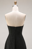 Black A Line Strapless Appliqued Backless Formal Dress