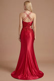 Sparkly Beaded Red Mermaid Floral Maxi Prom Dress with Slit