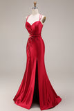 Sparkly Beaded Red Mermaid Floral Maxi Prom Dress with Slit