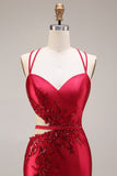 Sparkly Beaded Red Mermaid Floral Maxi Prom Dress with Slit