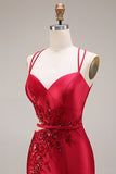 Sparkly Beaded Red Mermaid Floral Maxi Prom Dress with Slit