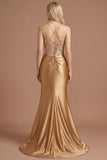 Golden Sparkly Beaded Corset Mermaid Long Prom Dress with Slit
