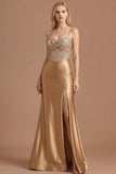 Golden Sparkly Beaded Corset Mermaid Long Prom Dress with Slit