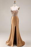 Golden Sparkly Beaded Corset Mermaid Long Prom Dress with Slit