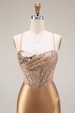 Golden Sparkly Beaded Corset Mermaid Long Prom Dress with Slit