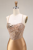 Golden Sparkly Beaded Corset Mermaid Long Prom Dress with Slit