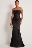 Black Draped Mermaid Corset Spaghetti Straps Ruched Long Prom Dress with Slit