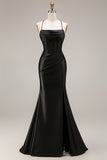 Black Draped Mermaid Corset Spaghetti Straps Ruched Long Prom Dress with Slit