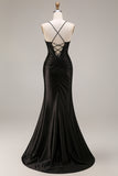 Black Draped Mermaid Corset Spaghetti Straps Ruched Long Prom Dress with Slit