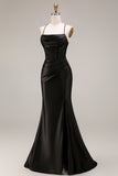Black Draped Mermaid Corset Spaghetti Straps Ruched Long Prom Dress with Slit