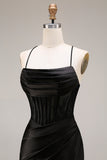 Black Draped Mermaid Corset Spaghetti Straps Ruched Long Prom Dress with Slit