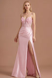 Corset Pink Appliqued Spaghetti Straps Mermaid Long Prom Dress with Slit