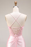 Corset Pink Appliqued Spaghetti Straps Mermaid Long Prom Dress with Slit