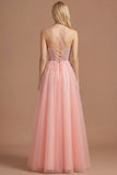 Watermelon A Line Sparkly Beaded Corset Spaghetti Straps Long Prom Dress
