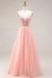 Watermelon A Line Sparkly Beaded Corset Spaghetti Straps Long Prom Dress