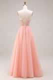 Watermelon A Line Sparkly Beaded Corset Spaghetti Straps Long Prom Dress